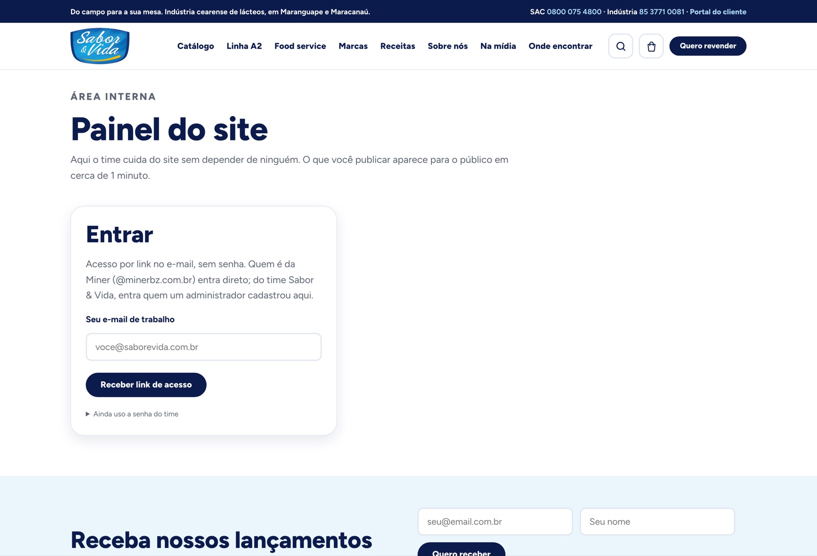 Tela de entrada do painel, com o campo de e-mail e o botão de receber link