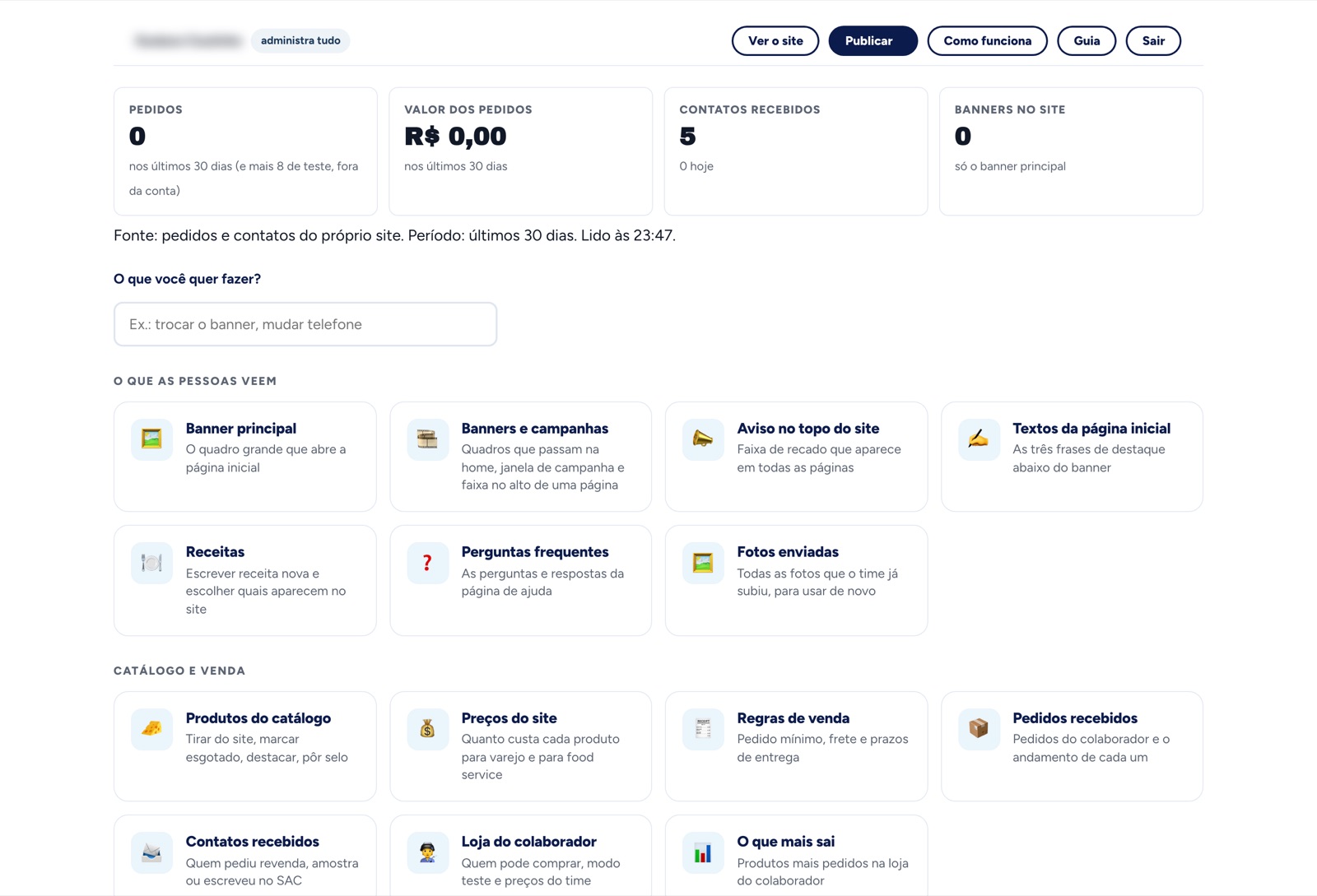 Tela inicial do painel com quatro números e os cartões de tarefas