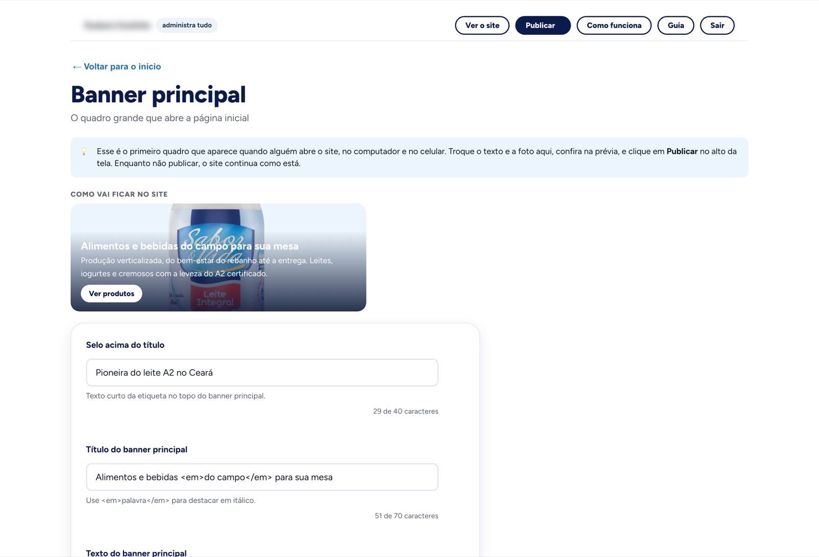 Tela do banner principal com prévia e campos de título, texto e foto
