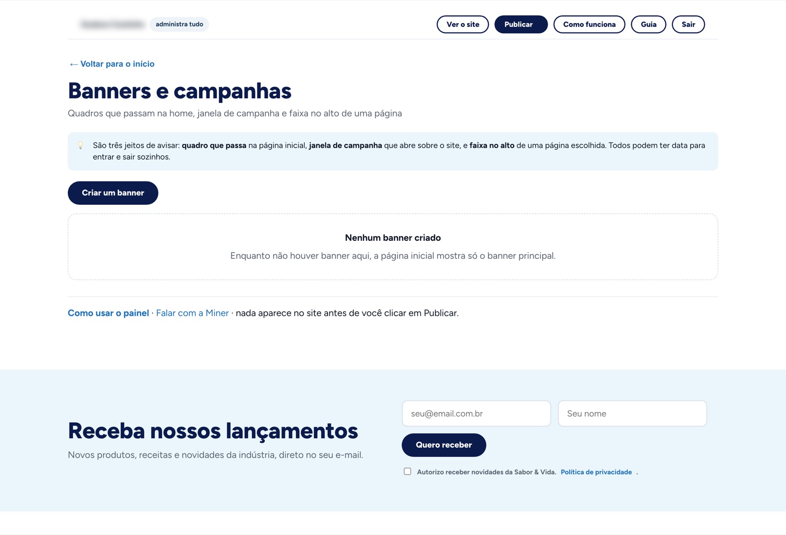 Tela de banners e campanhas no painel