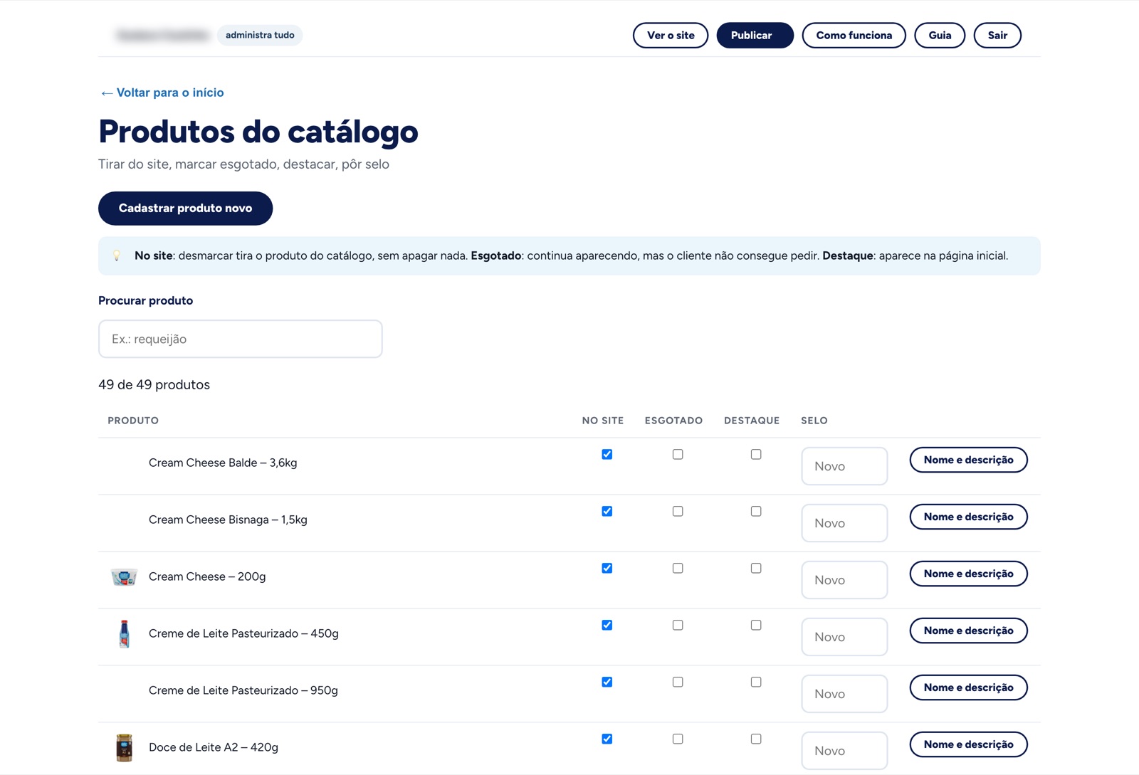 Tela de produtos do catálogo no painel