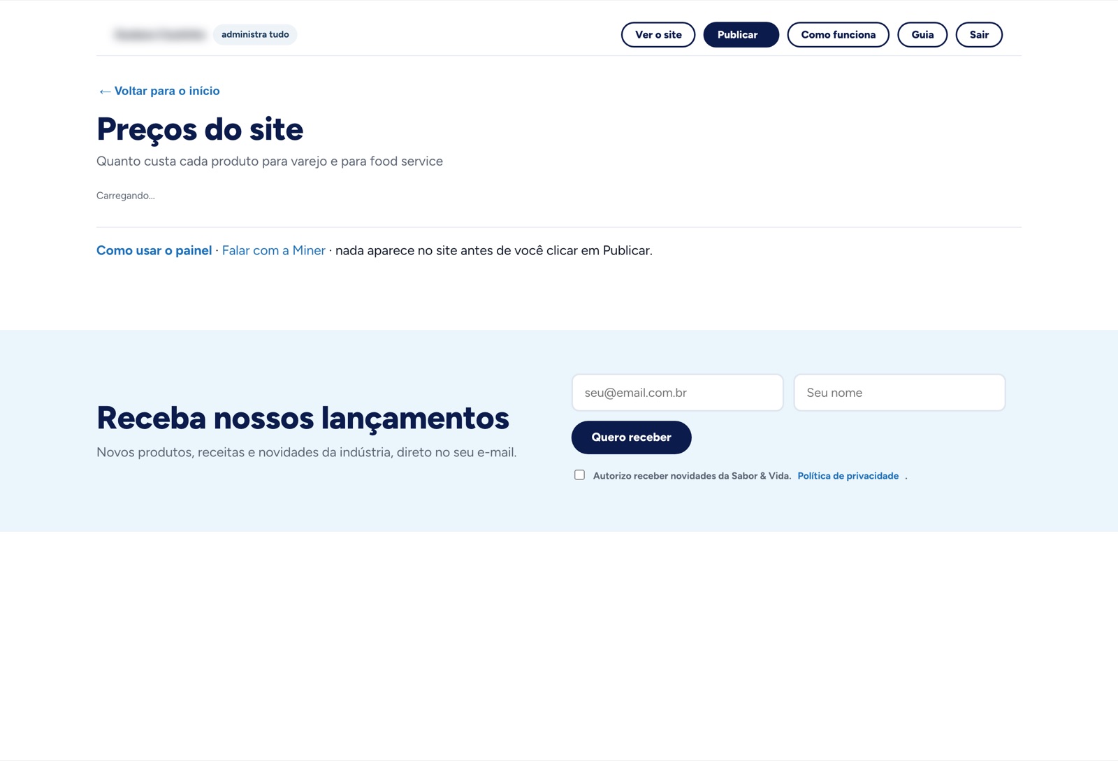 Tela de preços do site no painel
