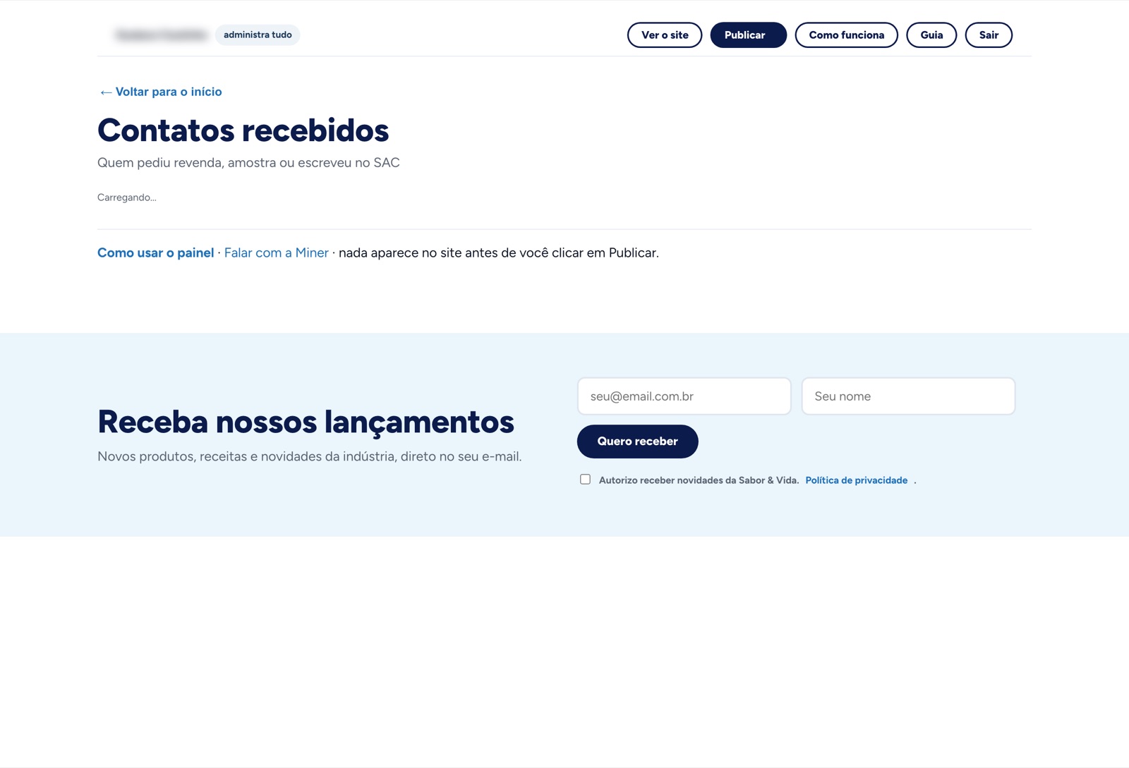 Lista de contatos recebidos com responsável e andamento
