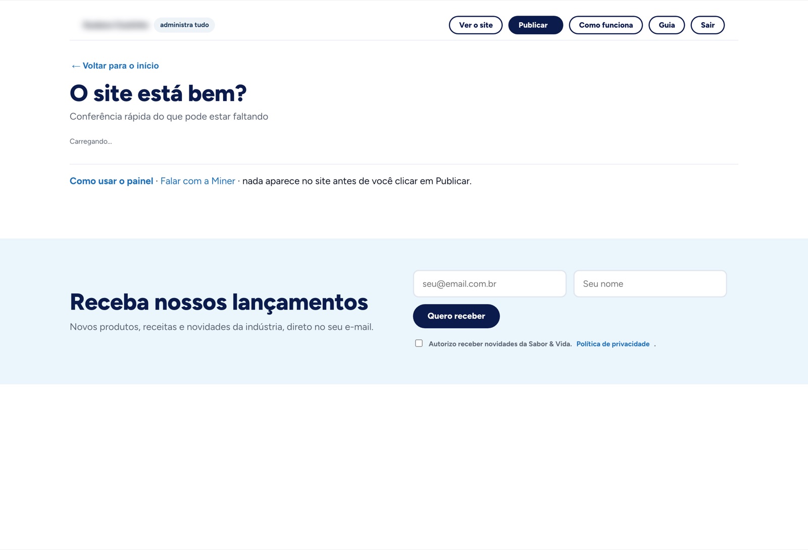 Tela de o site está bem? no painel