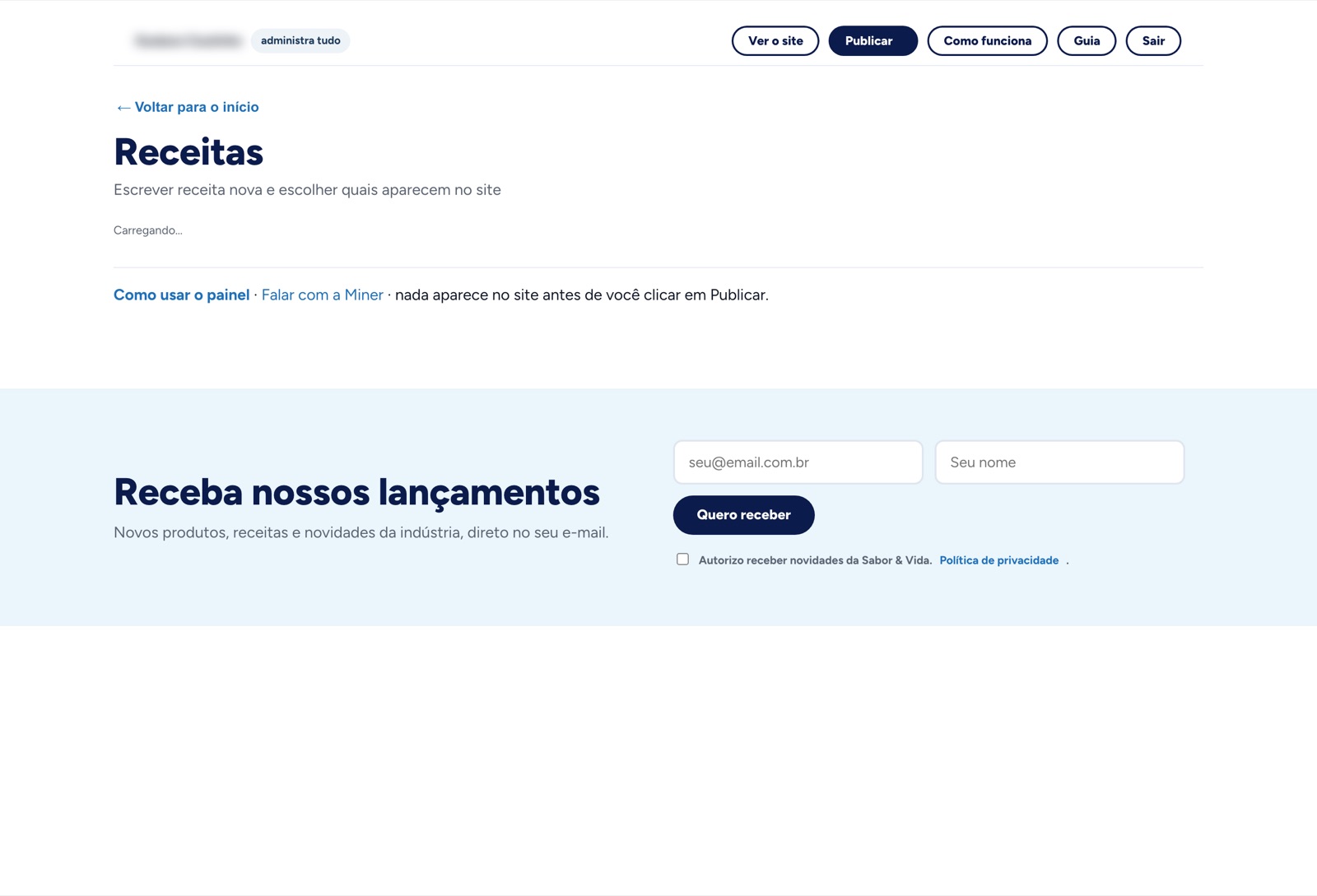Tela de receitas no painel
