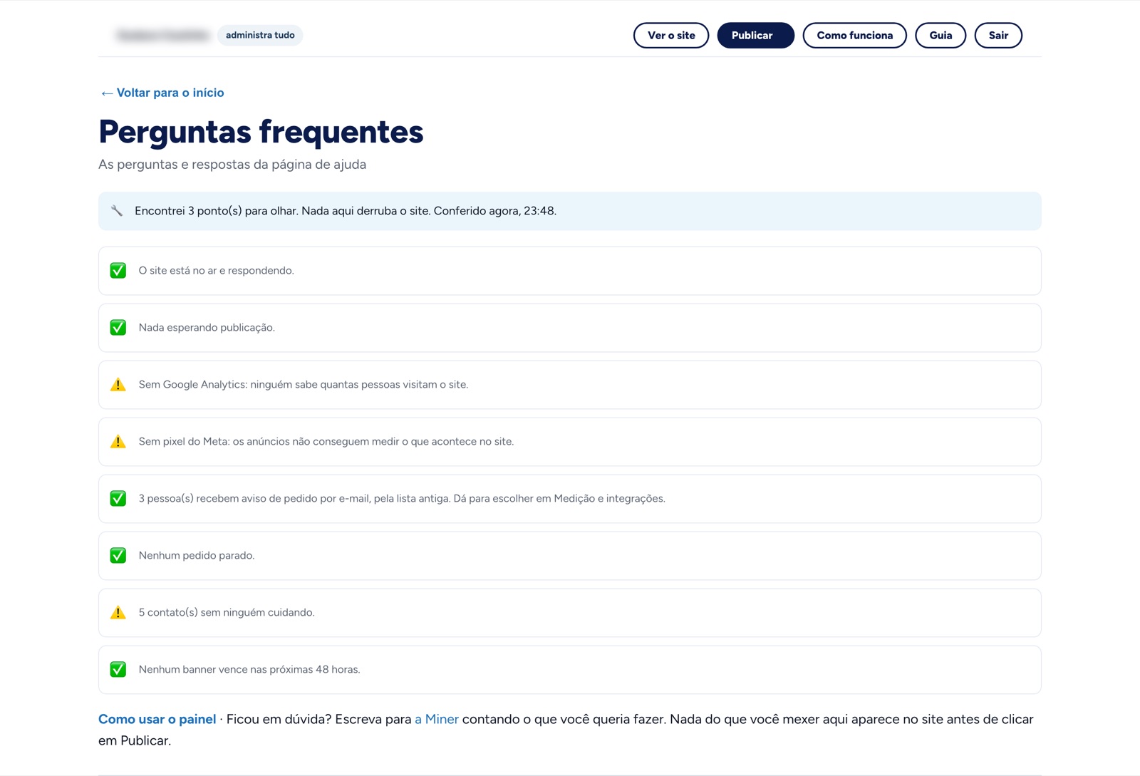 Tela de perguntas frequentes no painel
