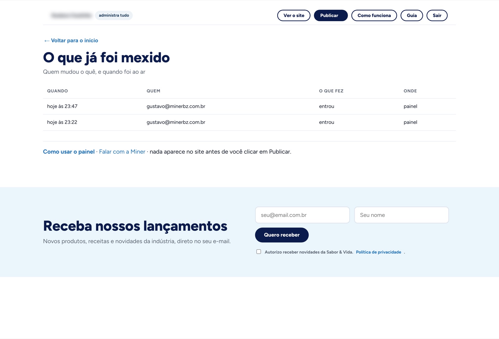 Tela de o que já foi mexido no painel