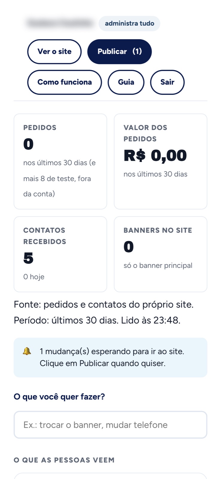 Painel aberto no celular, mostrando os números e as tarefas